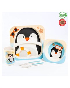 Набор детской посуды Пингвинёнок из бамбука 5 предметов тарелка миска стакан столовые приборы Крошка я