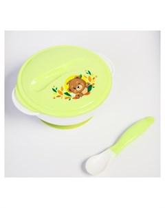 Набор детской посуды Друзья 3 предмета тарелка на присоске крышка ложка цвет зелёный Mumbaby