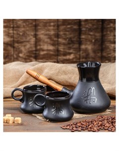Кофейный набор 3 предмета турка с деревянной ручкой объём 0 65 л чашка 0 2 л Керамика ручной работы