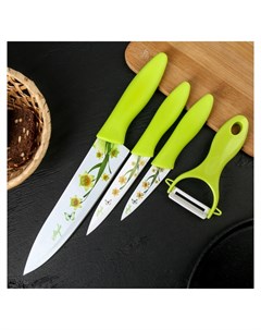 Набор кухонный 4 предмета 3 ножа с антиналипающим покрытием лезвие 8 5 12 20 см овощечистка цвет зел Nnb