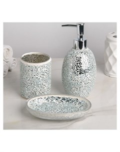 Набор аксессуаров для ванной комнаты Зазеркалье 3 предмета Дозатор мыльница стакан цвет серебряный Nnb