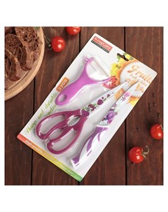 Набор кухонный Цветение 3 предмета нож 12 5 см ножницы овощечистка цвет фиолетовый Арт узор