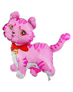 Шар фольгированный 12 Кошечка с бантом для палочки цвет розовый Flexmetal