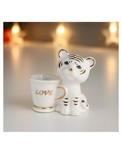 Сувенир керамика подставка для зубочисток Белый тигрёнок с кружкой с золотом 7х7х3 8 см Nnb
