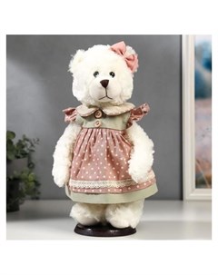 Кукла интерьерная Мишка с бантиком и в розовом платье в горошек 35 см Nnb