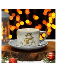 Чайная пара Рождественский снеговик чашка 210 мл блюдце D 15 см Доляна