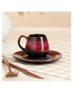 Кофейная пара Бочка глазурь матовая чёрно красная чашка 70 мл блюдце Керамика ручной работы