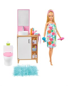Кукла Barbie Кукла блондинка в ванной с раковиной и туалетом GRG87 Mattel