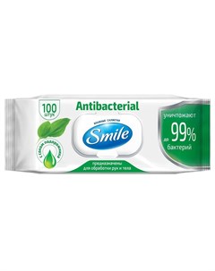Влажные салфетки Antibacterial с подорожником с клапаном 100шт Smile