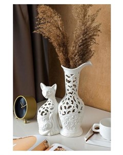 Ваза керамическая Кот с кувшином настольная белая сквозная резка 32 см Керамика ручной работы