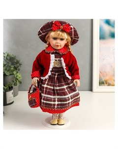 Кукла коллекционная керамика Инга в красном платье в горох и клетку 40 см Nnb