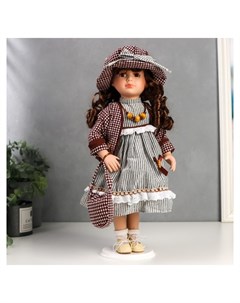 Кукла коллекционная керамика Кристина в платье с серыми полосками 40 см Nnb