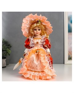 Кукла коллекционная керамика Леди анастасия в красно оранжевом платье 30 см Nnb