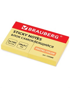 Блок самоклеящийся Стикеры пастельный 38х51 мм 100 листов комплект 2 штуки желтый 122688 Brauberg