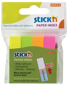 Закладки клейкие неоновые бумажные 12х50 мм 4 цвета х 100 листов европодвес 21613 Hopax