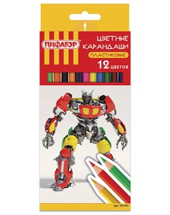 Карандаши цветные Боевой робот 12 цветов пластиковые классические заточенные 181341 Пифагор
