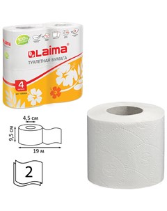 Бумага туалетная бытовая спайка 4 шт 2 х слойная 4х19 м Laima белая 126904 Лайма