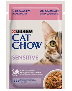 Влажный корм для взрослых кошек с чувствительным пищеварением с лососем и кабачками в соусе 85гр Cat chow