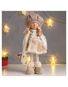 Кукла интерьерная Малышка с хвостиками бежевый сарафан и шапка с сердцем 36 см Nnb