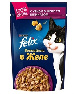 Влажный корм для кошек Sensations в желе утка шпинат 85гр Felix