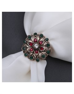 Кольцо для платка Цветок со стразами цвет красно зелёный в чернёном золоте Queen fair