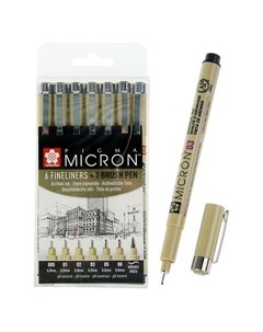 Набор ручек капиллярных для графики и черчения Pigma Micron 7 штук 0 2 0 25 0 3 0 35 0 45 0 5 Brush  Sakura