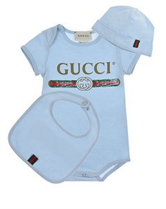 Голубой подарочный комплект боди слюнявчик и шапка Gucci