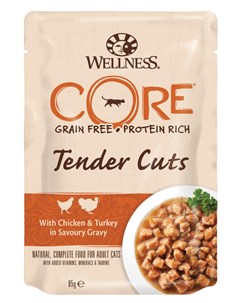 Влажный корм для кошек Tender Cuts Нежные Кусочки Курицы и Индейки в Пикантном Соусе 0 085 кг Wellness core