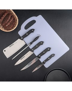Набор кухонный 6 предметов ножи 10 см 15 см 15 см 17 5 см ножеточка доска 38 22 см цвет чёрный Nobrand