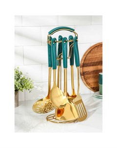 Набор кухонных принадлежностей base 6 предметов на подставке цвет ручек зелёный цвет металла золотой Nobrand