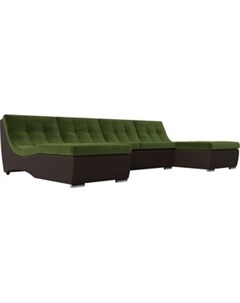 П образный модульный диван Монреаль микровельвет зеленый экокожа коричневый Артмебель