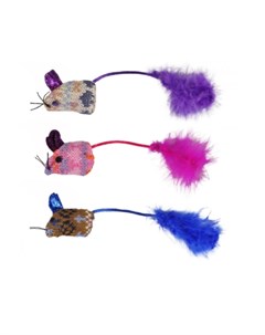 Игрушка для кошек Мышка с пером текстиль 3шт разноцветная Flamingo