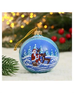 Ёлочный шар D 8 см Дед мороз в лесу ручная роспись голубой Evis
