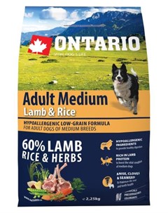 Сухой корм Онтарио для взрослых собак Средних пород с Ягненком и рисом Ontario