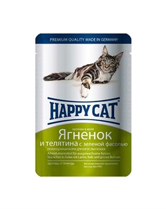Паучи Хэппи Кэт для кошек Ягненок Телятина зеленая фасоль в желе цена за упаковку Германия Happy cat