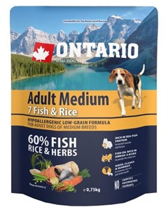 Сухой корм Онтарио для взрослых собак Средних пород 7 видов рыб и рис Ontario