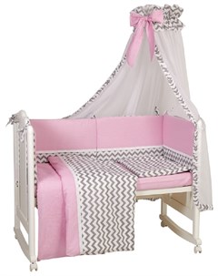 Комплект в кроватку Зигзаг 7 предметов серо розовый Polini-kids