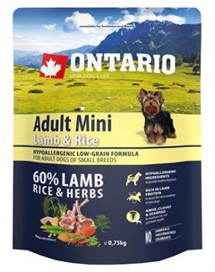 Сухой корм Онтарио для взрослых собак Мелких пород с Ягненком и рисом Ontario