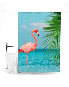 Шторы для ванной пейзаж с фламинго 145х180 см Сирень