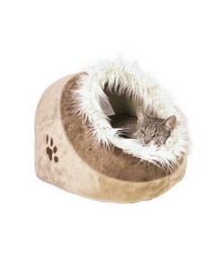 Лежак пещера для кошек Трикси Minou Бежевый Коричневый с рисунком Лапка Плюш Trixie