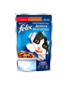 Двойная Вкуснятина Кусочки паштета в желе для взрослых кошек с говядиной и птицей 85 гр Felix