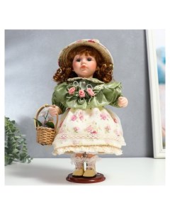 Кукла коллекционная керамика Энни в нежно мятном платье шляпке и с корзинкой 30 см Nnb