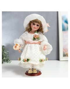 Кукла коллекционная керамика Шелли в белом платье шляпе и с розой 30 см Nnb