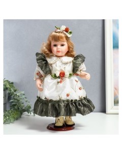 Кукла коллекционная керамика Беатрис в атласном платье с розочками 30 см Nnb