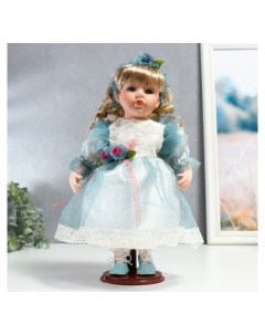 Кукла коллекционная керамика Флора в бело голубом платье и лентой на голове 30 см Nnb