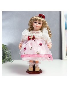 Кукла коллекционная керамика Агата в бело розовом платье и с цветами в волосах 30 см Nnb