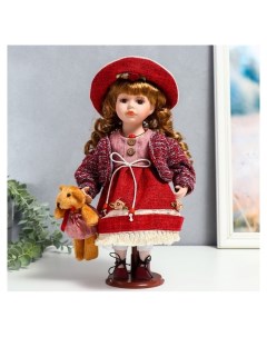 Кукла коллекционная керамика Элла в бордовом платье шляпе и с мишкой 30 см Nnb