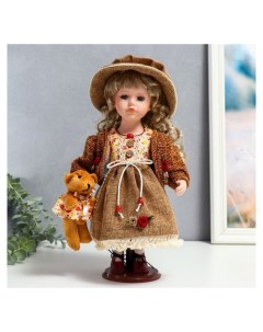 Кукла коллекционная керамика Глория в кантри платье и шляпе с мишкой 30 см Nnb