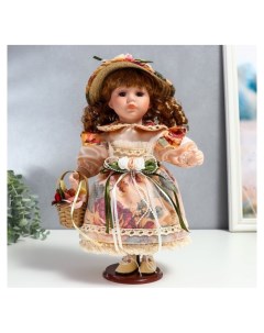 Кукла коллекционная керамика Клара в платье с розами шляпке и с корзинкой 30 см Nnb