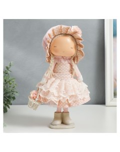 Кукла интерьерная Малышка в чепчике и платье в горох с корзиной цветов 36х14х16 см Nnb